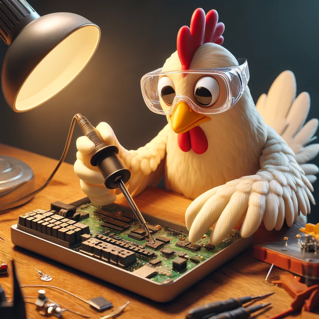 A chicken soldering a keyboard