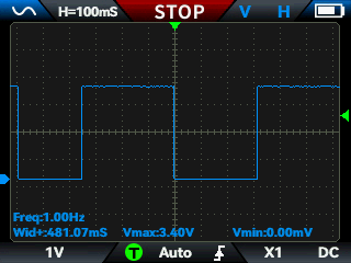 A screenshot from a F-NIRSI TC-4 pocket oscilloscope, centering the falling edge of a 3.3V square wave with a width of 481.07mS.