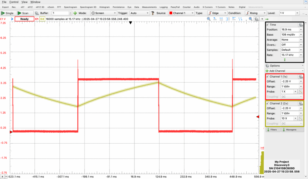A screenshot from WaveForms hooked to a Digilent Analog Discovery 3 oscilloscope, featuring a 3.3V square wave and a 3.3V capacitor charge curve.