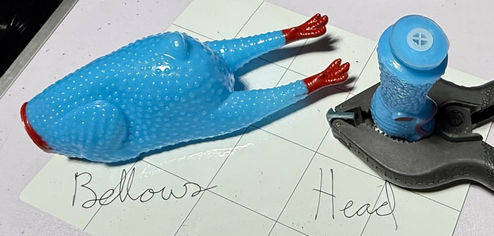 Two parts of a rubber chicken, in blue. The bottom portion is labeled "bellows" and the head portion is in a clamp to show the squeaker, and is labeled "head".