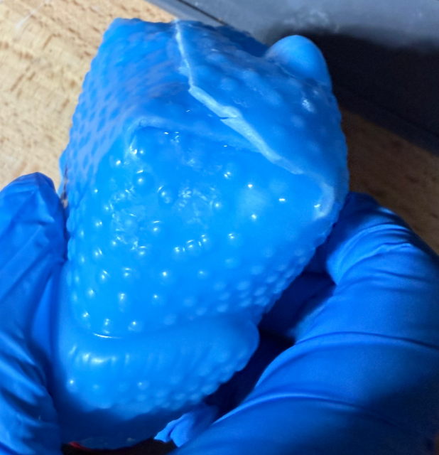 The blue rubber chicken, fully glued up and ready for welding