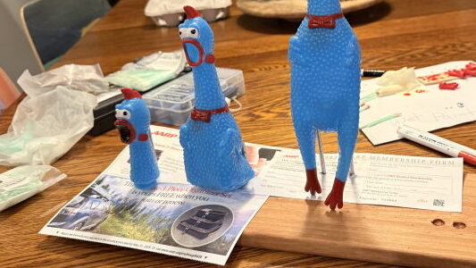 Chickens being glued to the rods; AARP junk mail protects the finished wood.