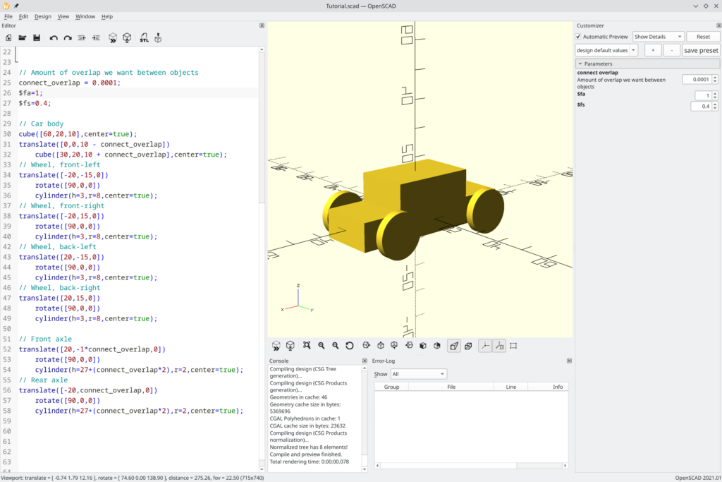 The whole OpenSCAD UI, including preview, code, and logs.